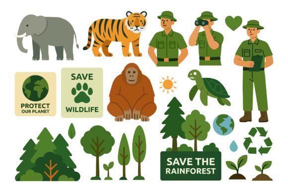 Set of Flat Wildlife Conservation Assets